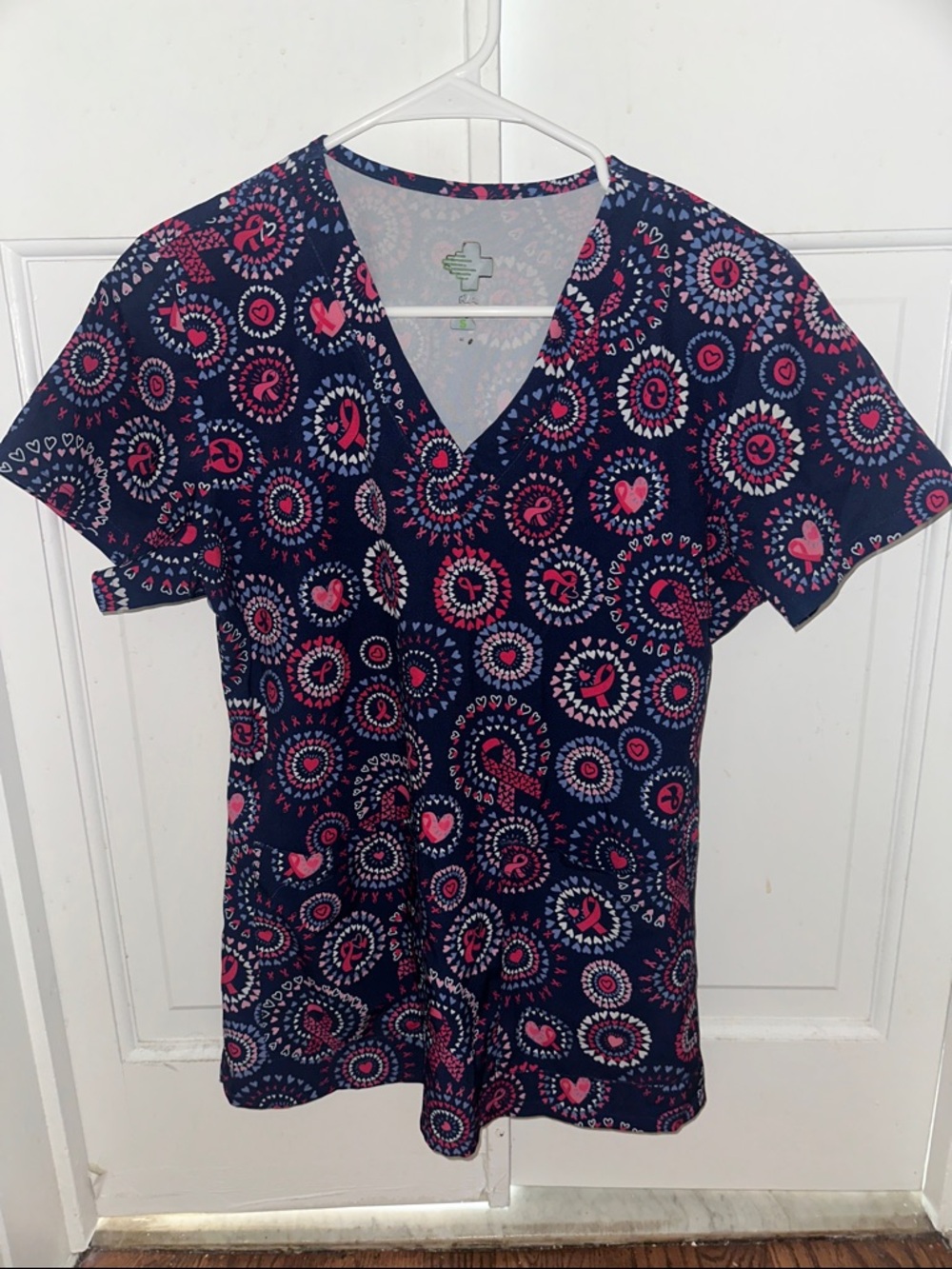 Women’s Navy Scrub Top With Pink Ribbons & Hearts